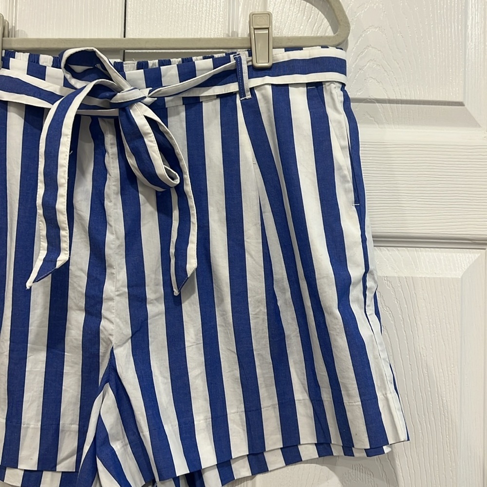 J. Crew Factory Striped Cotton-blend Poplin Tie-waist Shorts Blue White Size 16 - Picture 2 of 6